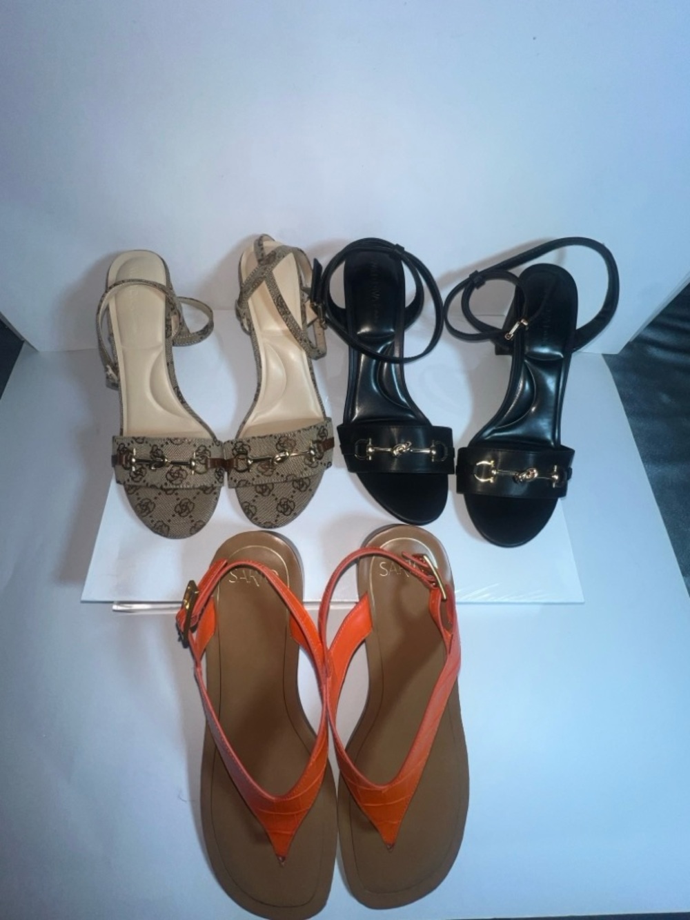 Lot of 3 Summer Sandals Size 10 Sarto Orange Leather + Wild Diva Monogram & Blac
